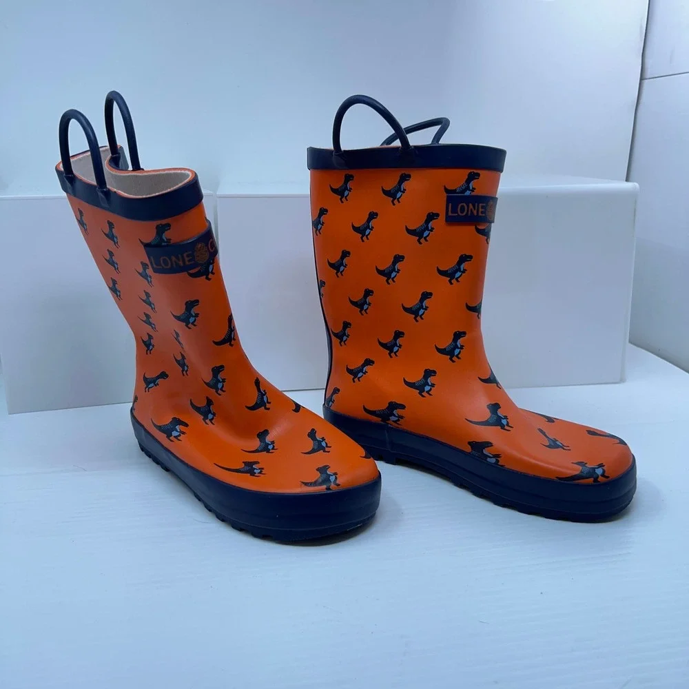 Lone Cone Kids Size 3 Orange Dinosaur Pattern Rubber Rain Boots New